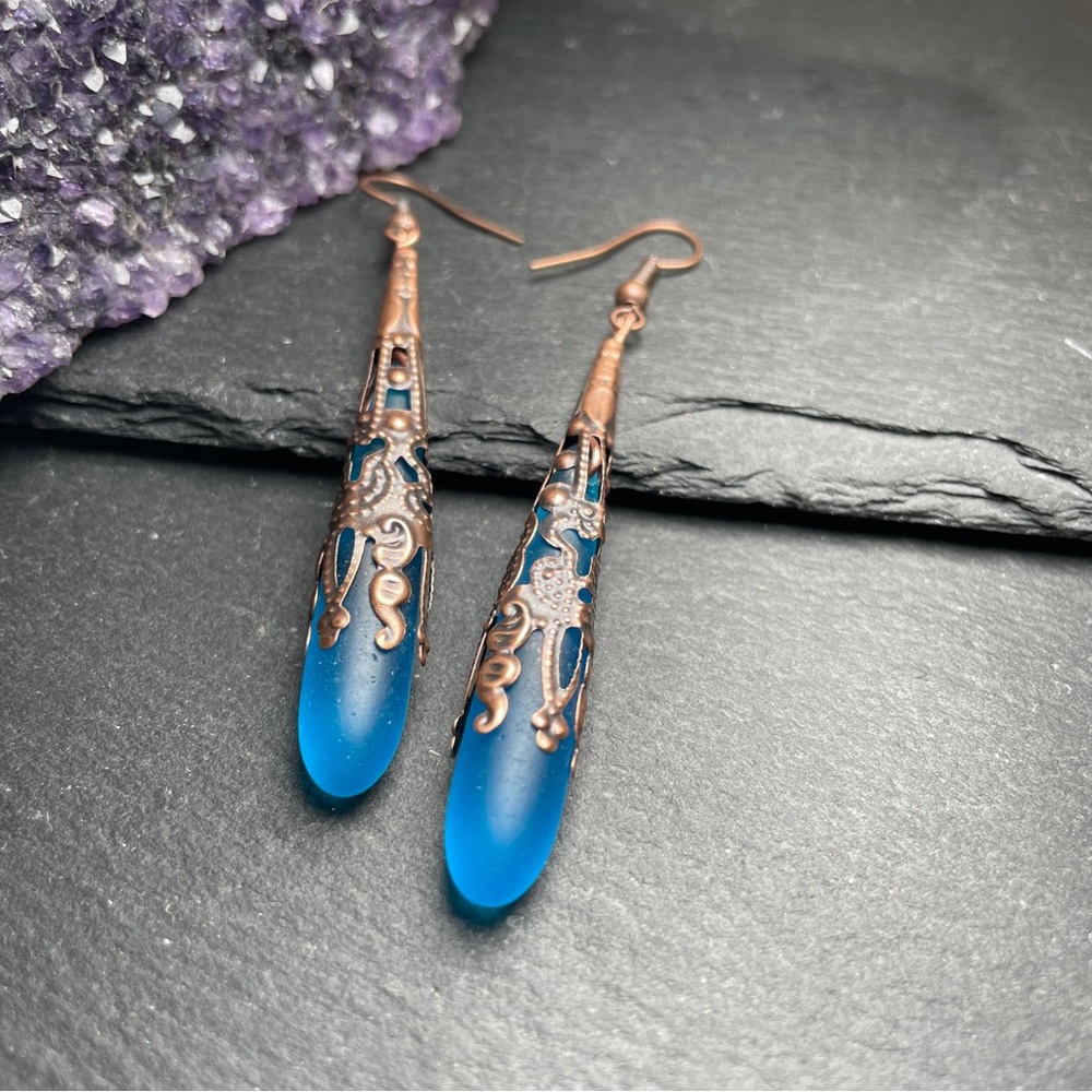 Artisan Boho Elegant Brilliant Blue Frosted Glass Antique Copper Drop Earrings - Picture 3 of 11